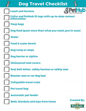 checklist for dog travel with pethub illustrated dog on top right and left
